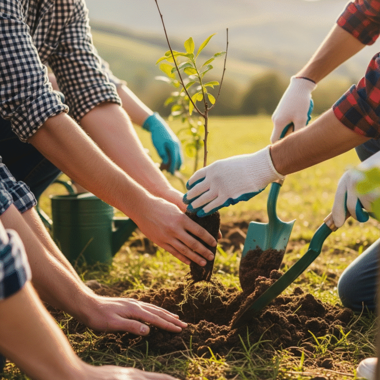 People planting a young tree together